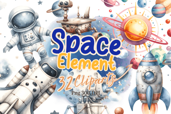 Space Elements Watercolor Clipart Gráfico Ilustraciones Imprimibles Por Brown Cupple Design