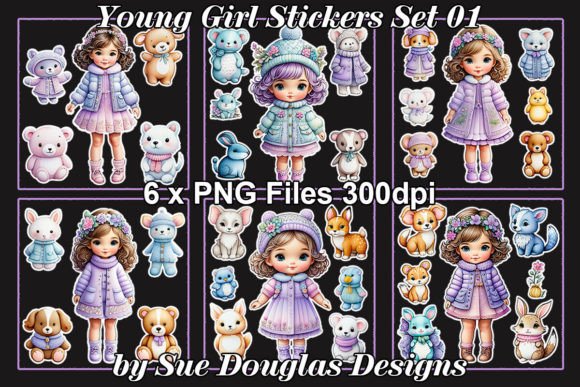 Young Girl Stickers Set 01 Gráfico Ilustrações para Impressão Por Sue Douglas Designs
