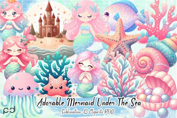 Adorable Mermaid Under the Sea Clipart Graphic Illustrations By Padma.Design