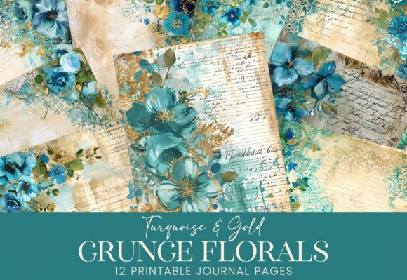 Turquoise Grunge Watercolor Floral Pages Graphic Backgrounds By Visual Gypsy