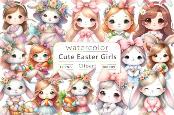 Watercolor Easter Girls Clipart Bundle Graphic Illustrations By LiustoreCraft