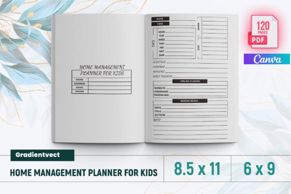 (KDP) Home Management Planner Kids Canva Graphic KDP Interiors By gradientvect
