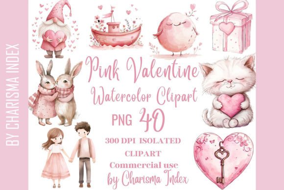 Pink Valentine Watercolor Clipart 40 PNG Illustration PNG transparents AI Par CharismaIndex