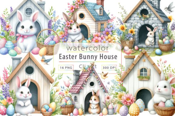 Watercolor Easter Bunny House Clipart Gráfico Ilustraciones Imprimibles Por LiustoreCraft