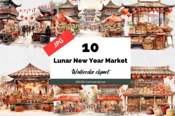 Watercolor Lunar New Year Market Clipart Gráfico Ilustraciones IA Por KiwiCakeStudio