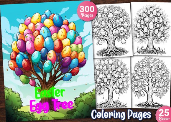 300 Easter Egg Tree Coloring Pages KDP Gráfico Páginas y libros de colorear para adultos Por BOO. DeSiGns