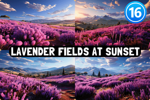 Lavender Fields at Sunset Backgrounds Graphic Backgrounds By DogSassy Designs