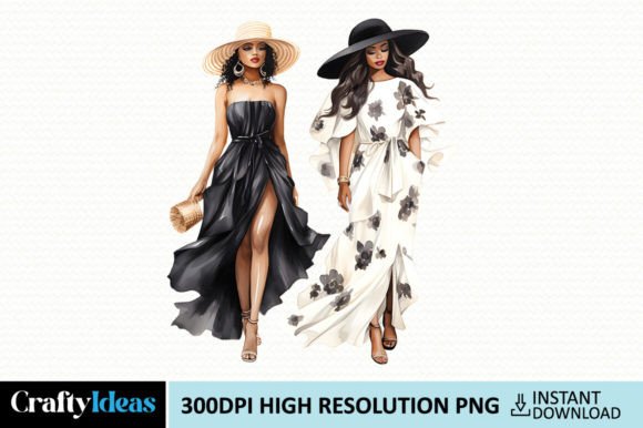 Black Women Long Dress Outfits Clipart Gráfico Ilustraciones IA Por CraftyIdeas