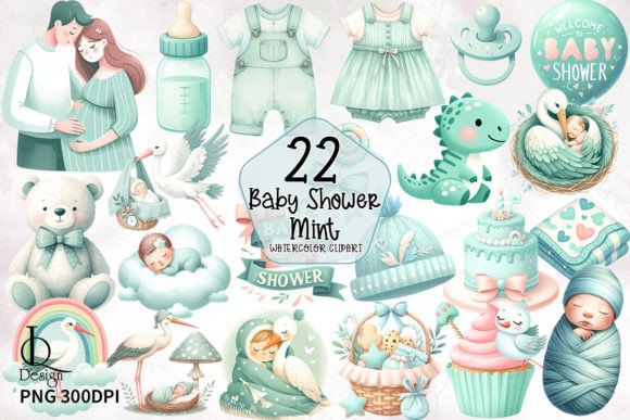 Mint Stork Baby Shower Clipart PNG Graphic Illustrations By LQ Design