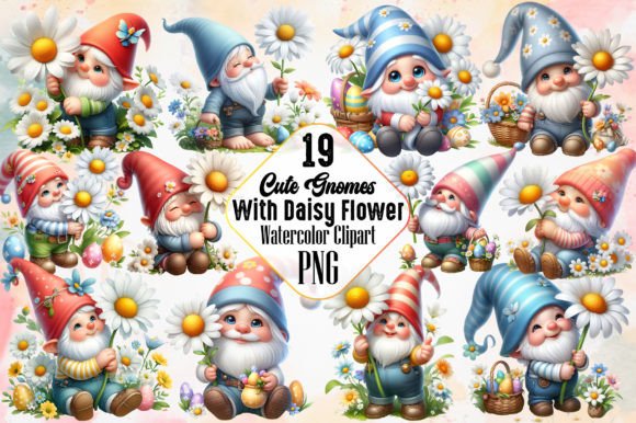 Watercolor Cute Gnomes with Daisy Flower Graphic Illustrations By RobertsArt