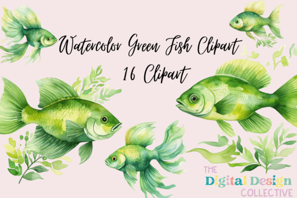Watercolor Green Fish Clipart Bundle Graphic Illustrations By lizballew