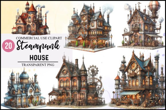 Watercolor Steampunk House Clipart Grafika Ilustracje do Druku Przez Creative Home