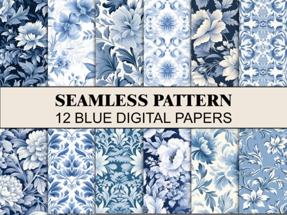 Blue Flowers Seamless Pattern Paper Gráfico Patrones de Papel Por Wildflower Publishing