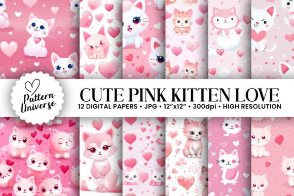 Cute Pink Kitten & Hearts Patterns Graphic Patterns By Pattern Universe