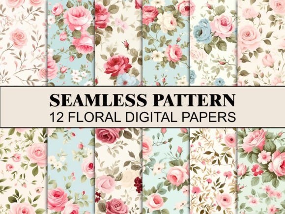 Shabby Chic Roses Seamless Pattern Paper Gráfico Patrones de Papel Por Wildflower Publishing