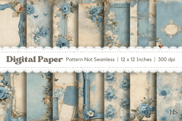 Vintage Junk Journal Baby Blue Flowers Graphic Backgrounds By Heyv Studio