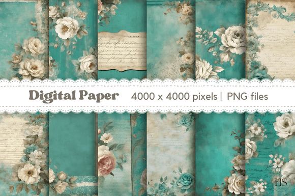 Vintage Junk Journal Teal Flowers Papers Graphic Backgrounds By Heyv Studio