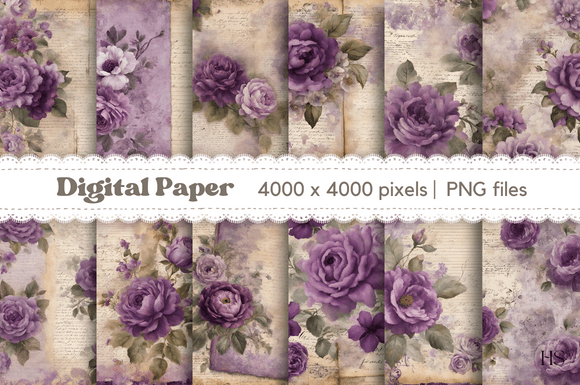 Vintage Junk Journal Violet Flowers Graphic Backgrounds By Heyv Studio