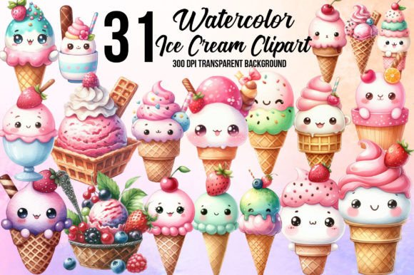 Watercolor Ice Cream Clipart Graphic Illustrations By WatercolorArt