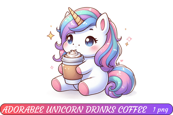 ADORABLE UNICORN DRINKS COFFEE Graphic Print Templates By Graphics XT