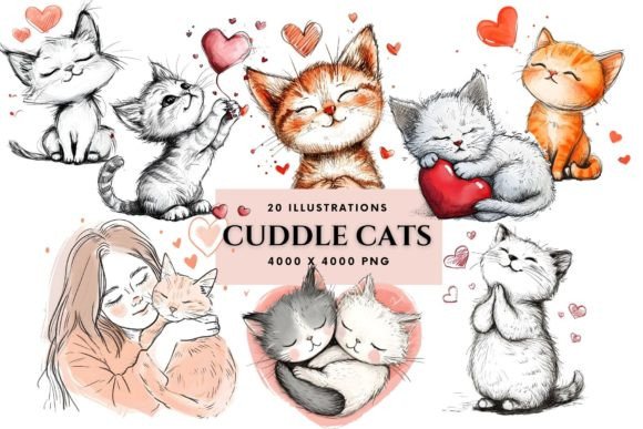 Cuddle Cats Clipart Illustrations Gráfico Ilustrações para Impressão Por Enchanted Marketing Imagery