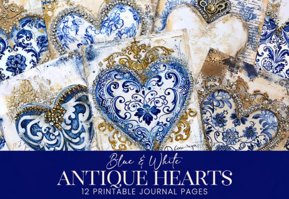 Antique Blue White Floral Ceramic Hearts Illustration Fonds d'Écran Par Visual Gypsy