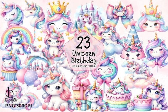 Unicorn Birthday Collection Clipart PNG Grafika Ilustracje do Druku Przez LQ Design
