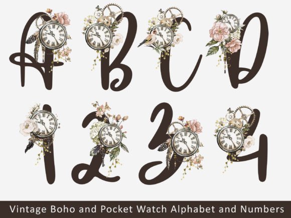 Vintage Floral Alphabet PNG Clipart Kit Graphic Print Templates By zeemcut