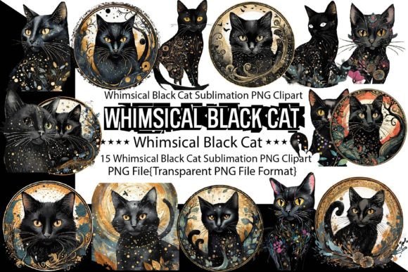 Whimsical Black Cat Sublimation Bundle Graphic Print Templates By PrintExpert