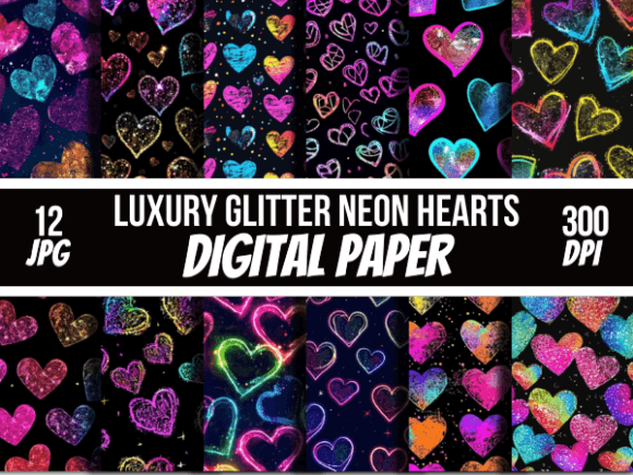 Disco Luxury Glitter Neon Hearts Pattern Gráfico Patrones de Papel Por Creative River