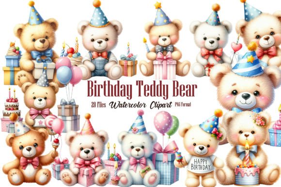 Watercolor Birthday Teddy Bear Clipart Graphic Illustrations By craftvillage