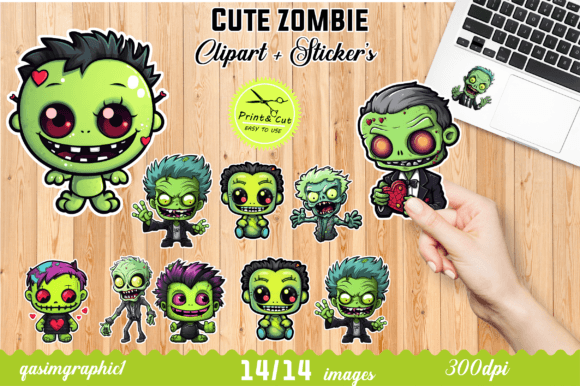 Cute Kawaii Zombie Printable Stickers Gráfico Manualidades Por qasimgraphic1