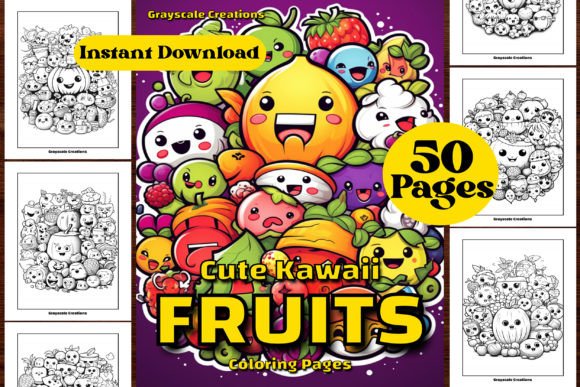 Fruit Kawaii Cute Doodle Coloring Graphic AI Coloring Pages By thegrayscalecreations
