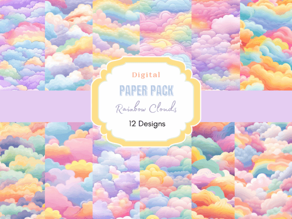 Rainbow Clouds Sky Digital Paper Pack Illustration Modèles de Papier Par Mystic Mountain Press