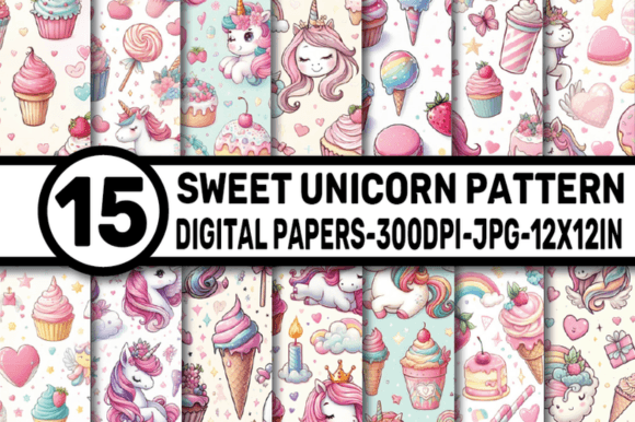 Sweet Unicorn Pattern Digital Papers Grafik KI Muster Von ElksArtStudio