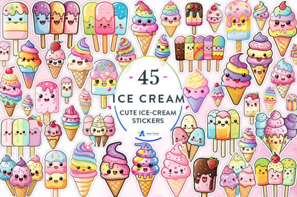 Cute Ice Cream Stickers Bundle Graphic Illustrations By Aspect_Studio