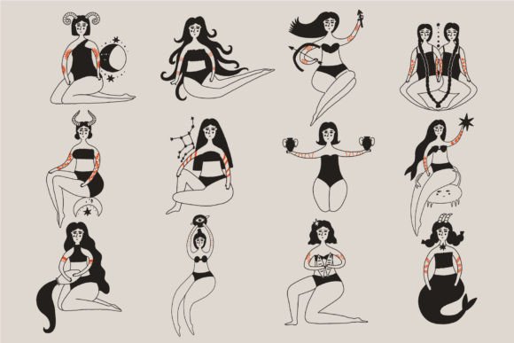 Folk Women Zodiac Sign Illustration Illustrations Imprimables Par Anka Drozd