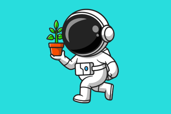 Cute Astronaut Holding Plant in a Pot Grafik Druckbare Illustrationen Von catalyststuff