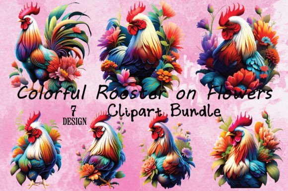 Colorful Rooster on Flowers Clipart Gráfico Ilustraciones Imprimibles Por AM-Designer