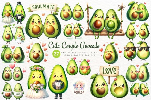 Cute Couple Avocado Clipart Graphic AI Transparent PNGs By Jariya.Artistry