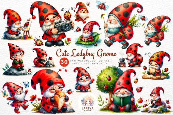 Cute Ladybug Gnome Clipart Bundle Graphic AI Transparent PNGs By Jariya.Artistry