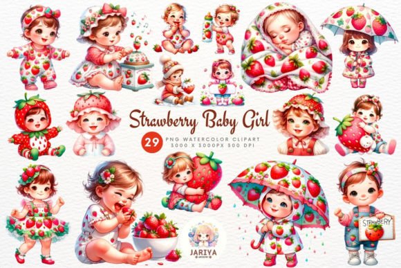 Cute Strawberry Baby Girl Clipart Bundle Graphic AI Transparent PNGs By Jariya.Artistry