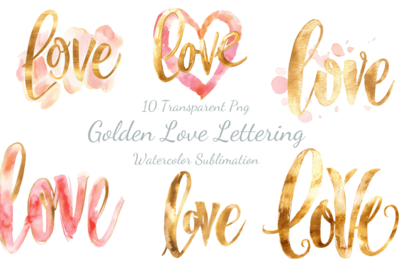 Gold Love Letters Watercolor Sublimation Afbeelding AI transparante PNG's Door Dream Floral Studio