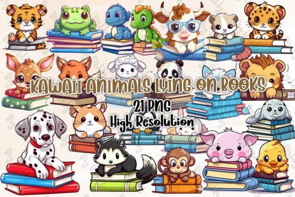 Kawaii Animals Lying on Books Clipart Afbeelding Afdrukbare Illustraties Door Big Daddy