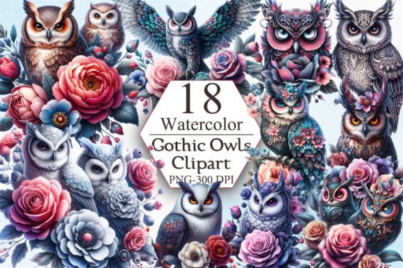 Watercolor Gothic Owls Clipart Graphic Illustrations By ArtStory