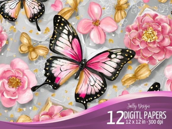 Black & Pink Luxurious Butterflies Paper Graphic Illustrations By jallydesign