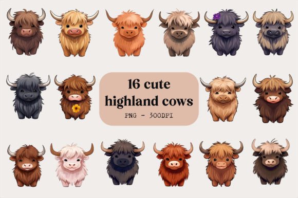 Cute Retro Highland Cows Bundle Png Grafik Druckbare Illustrationen Von Marie Dricot