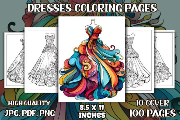 Dresses Coloring Pages for KDP Interior Gráfico Páginas y libros de colorear para adultos Por protabsorkar11