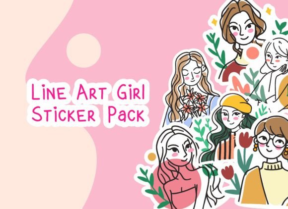 Line Art Girl Cute Sticker Gráfico Ilustrações para Impressão Por reyrairui