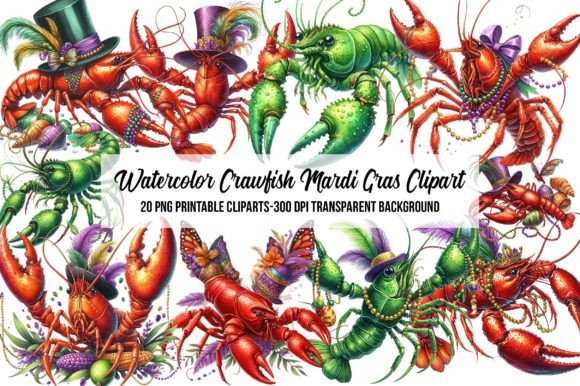Watercolor Crawfish Mardi Gras Clipart Illustration Illustrations Imprimables Par WatercolorArt